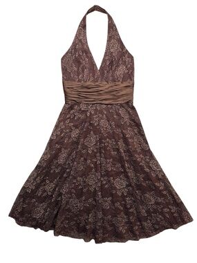 Deep Brown Silk & Metallic Halter Dress with Floral Lace Overlay